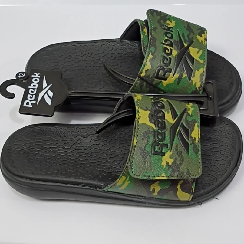 REEBOK KID'S SLIDE SANDALS - Green & Yellow and Black Camo Strap - SIZE 12 NWT